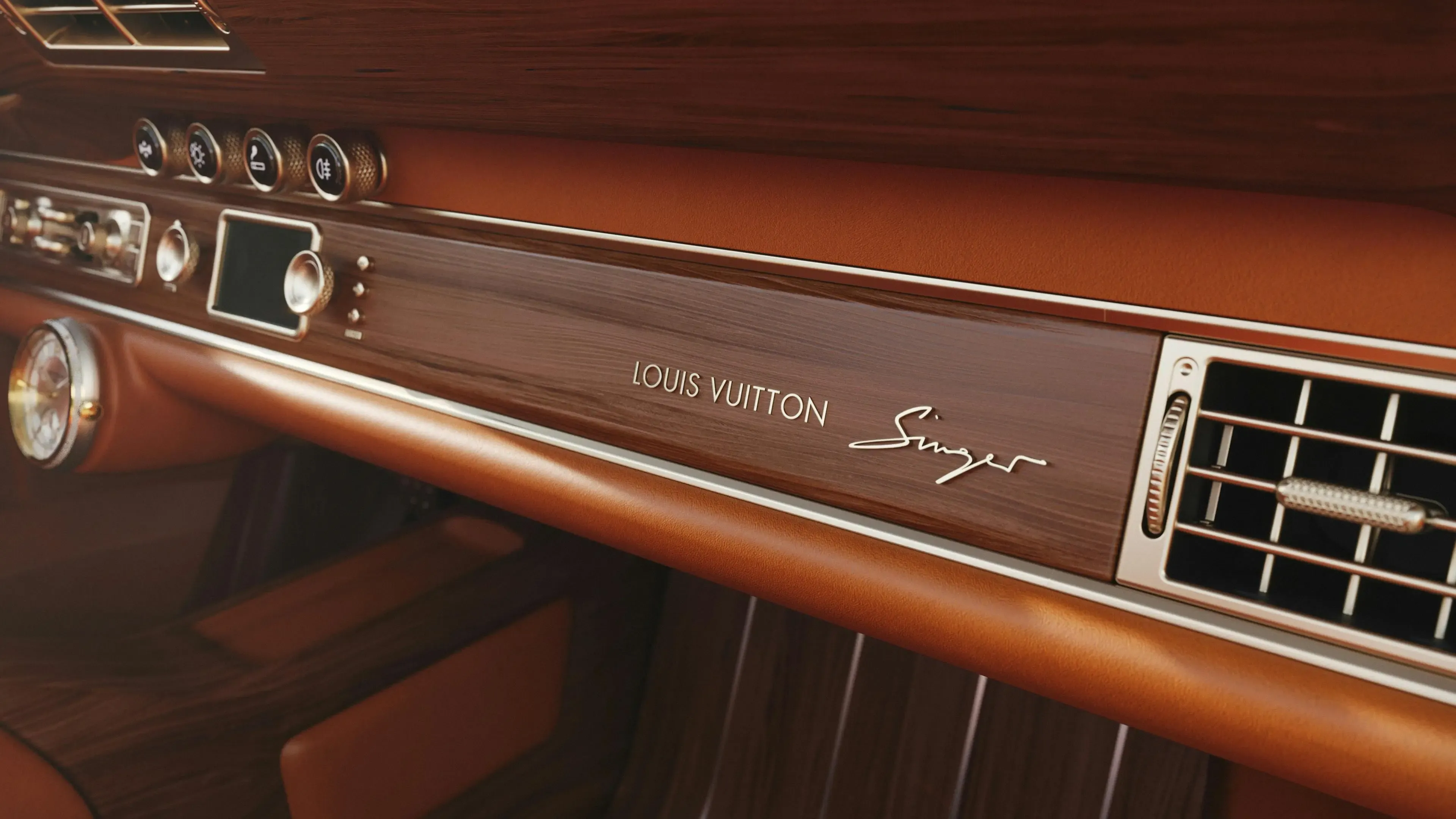 Chi tiết bảng táp-lô gỗ óc chó khắc chìm LOUIS VUITTON và chữ ký Singer